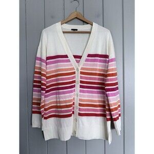 Talbots Cardigan Sweater L Large Knit Ivory Pink Orange Stripe Girlfriend